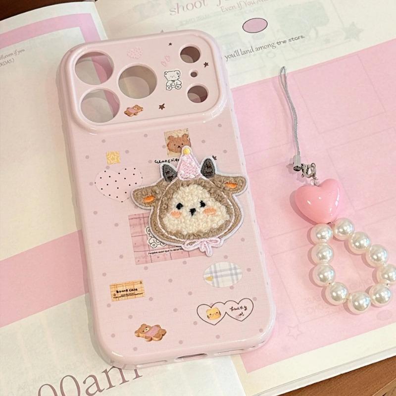 Phone Case With Chain For iPhone 17 16 15 14 13 12 Pro MAX 11 Cartoon Embroidery Plush Sheep Sticker Shockproof Soft Phone Cover