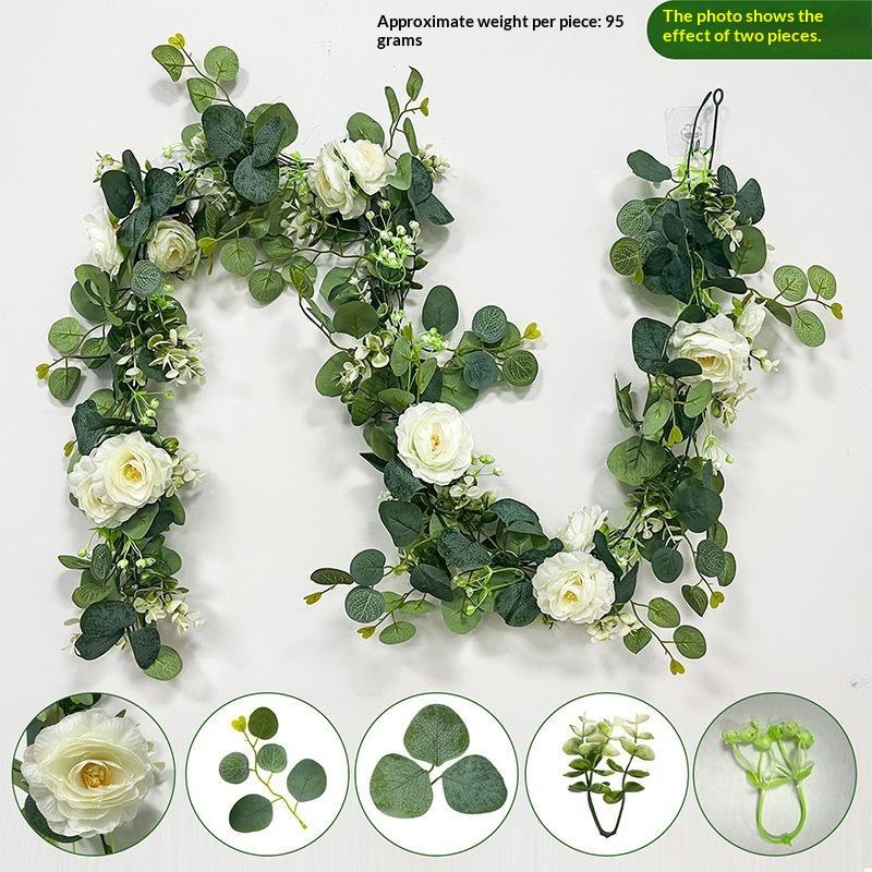 2Pcs Artificial Eucalyptus Vine With White Flowers Faux Greenery Garland For Wedding Arch, Wall And Party Decoration