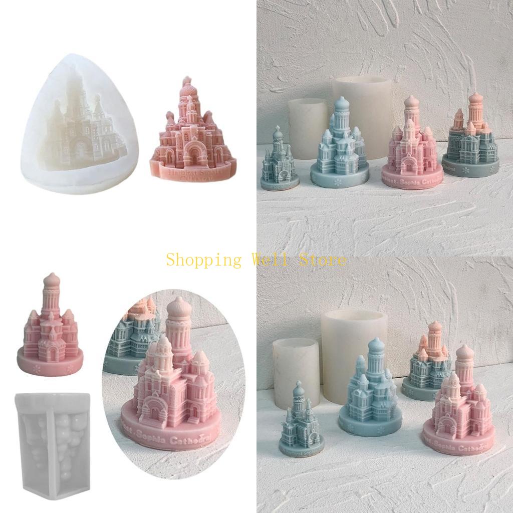 KX4B Castle Resins Mould DIY Soap Molds Church Silicone Molds Home Decorations