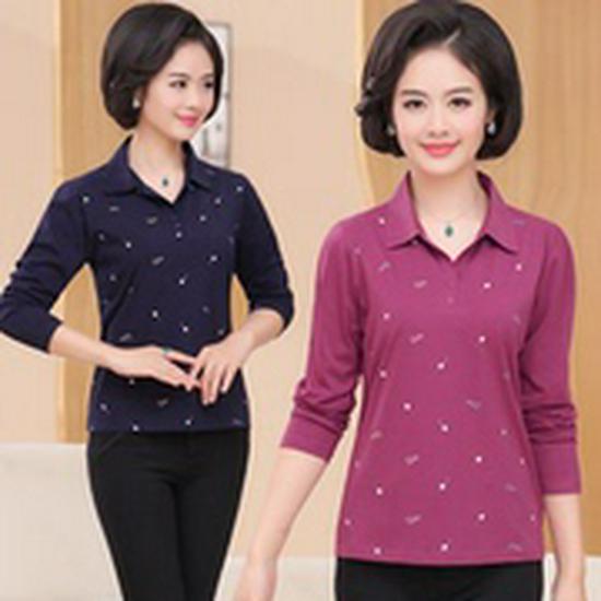 Autumn Cotton Lapel T-shirt for Middle-aged & Elderly Women - Long-Sleeve, Loose Fit, Plus Size