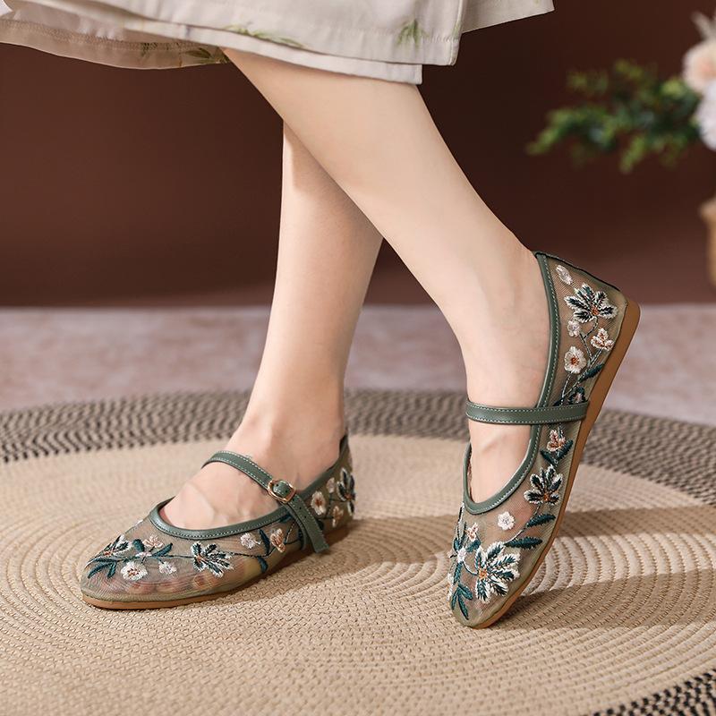 Fashion Flat Shoes for Women 2025 Spring and Autumn Fashion Breathable Round Toe Mary Jane Green Flower Embroidery Ballet Shoes Ladies