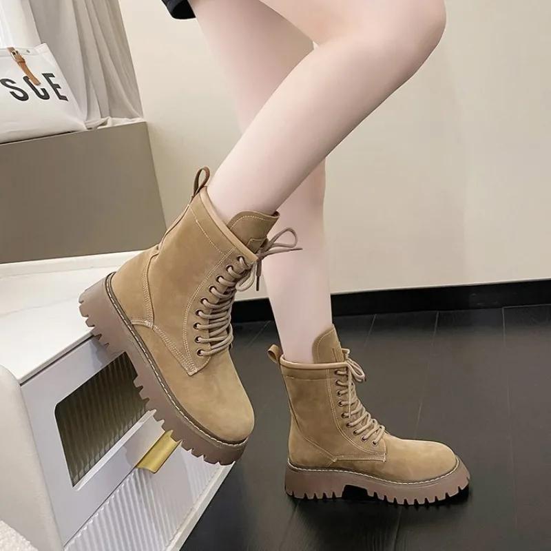 Fashion New Western Boots Women Shoes Leather Suede Patchwork Botines Thick Med Heel Platform Leisure Ankle Boots Ladies Shoes