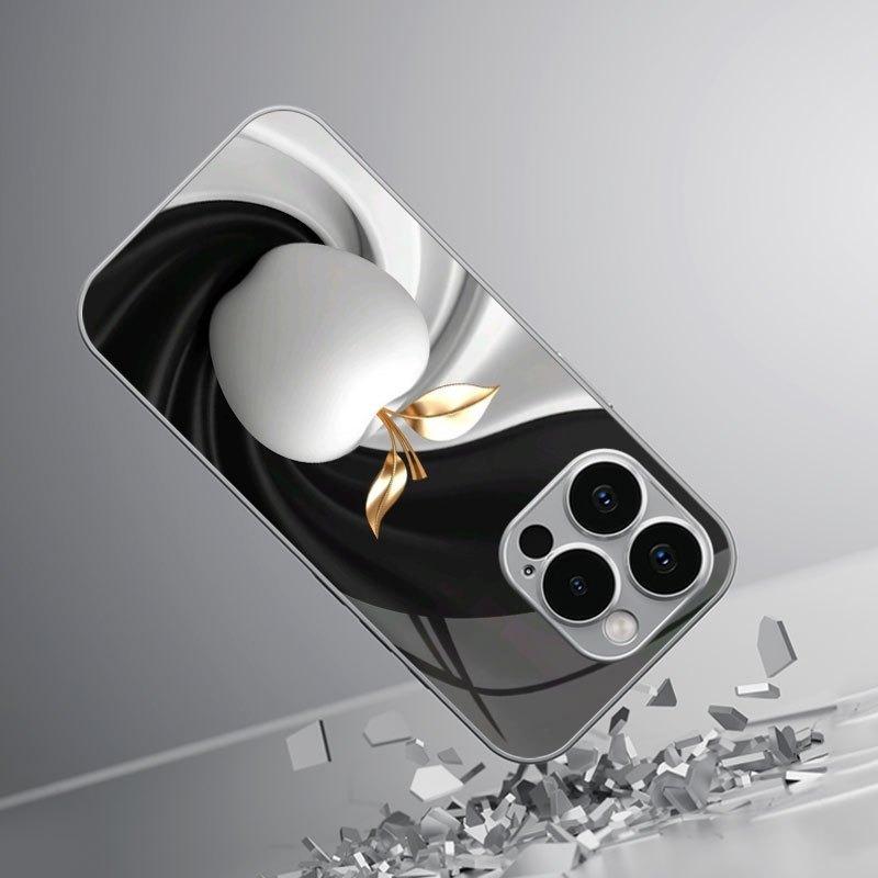 Golden Leaves White For Apples Pattern Tempered Glass Phone Case For iPhone 18 17 16 15 14 13 12 11 Pro Max 16 Plus 17 Air Cover