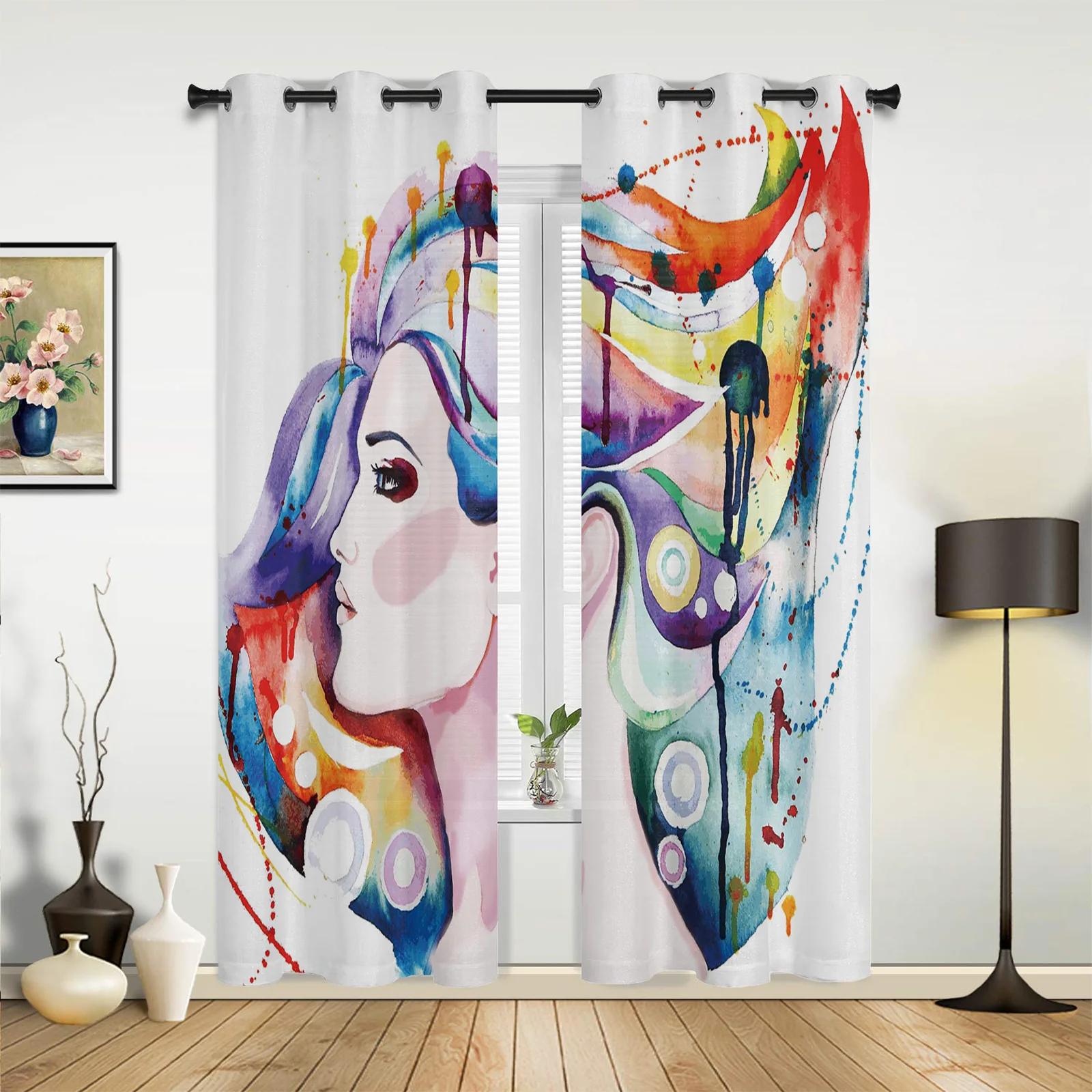 Женщина Волосы Всплеск Чернила Искусство Окна Шторы Гостиная Спальня Оконные Обстановки — фото 3