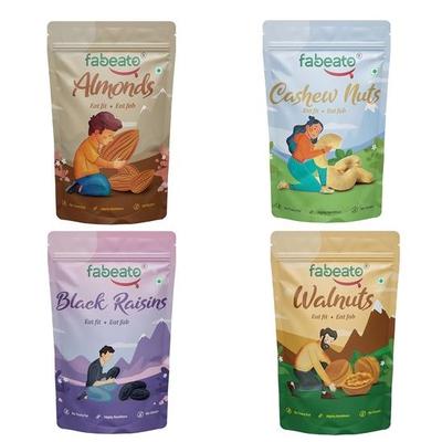 Fabeato Premium Dry Fruits And Nuts Combo (4 X 200 G) Almonds,Cashews,Walnut Kernels,Seedless Black Raisins, 800 Gram