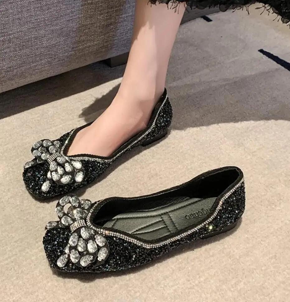 2024 Spring Woman Elegant Square Toe Sequins Kawaii Ballet Flats Designer Luxury Mary Jane Female Shoes Party Shoes