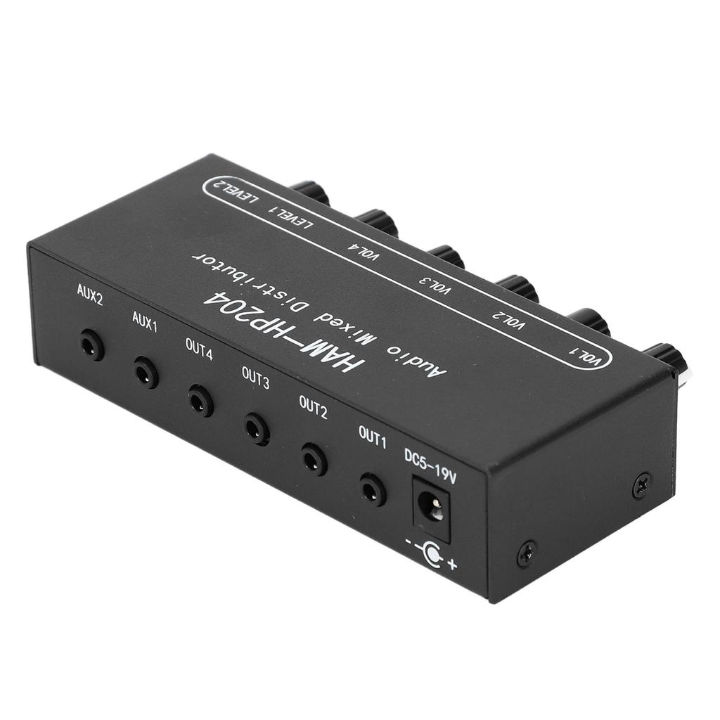 Stereo Mixer Distributor 2 In 4 Out Independent Control 5x Amplification for PC Mic Guitar Keyboard DC 5V To 19V