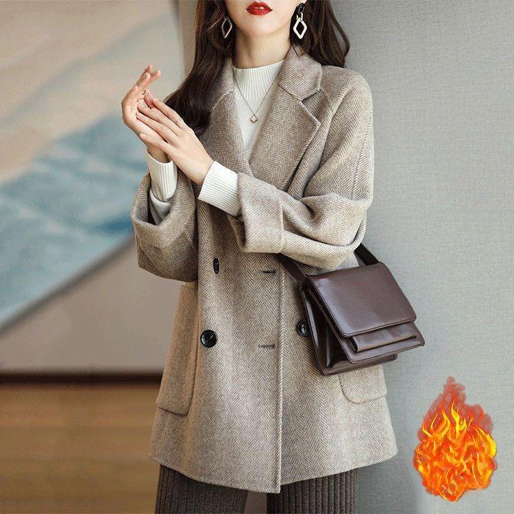 Women's Woolen Coat Autumn Winter New Suit Collar Temperament Herringbone Loose Thin Versatile Warm