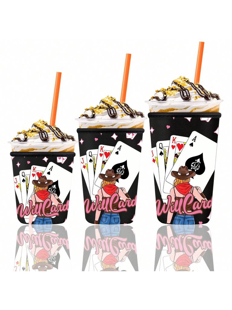 3pcs Pink Cowgirl Casino Paper Reusable Neoprene Insulator Sleeve for Iced Coffee Cups, 3 Pack Coffee Coolies Sleeves for Iced &