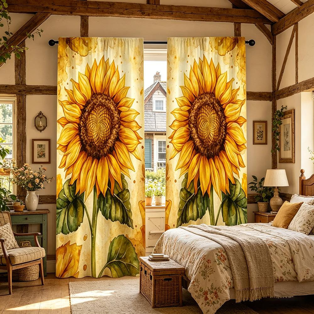 2PCS Digital Printed Curtains, Watercolor Sunflower Artistic Floral Painting, Window Drapes for Living Room Bedroom Home Decor