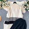 Toamnă Iarnă Femei Grătul cu mâneci lungi Pulover tricotat în dungi Topuri + Pantaloni largi Costume Set două piese Tinute femei