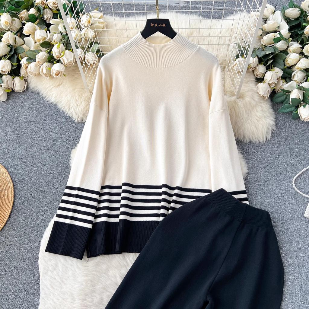 Toamnă Iarnă Femei Grătul cu mâneci lungi Pulover tricotat în dungi Topuri + Pantaloni largi Costume Set două piese Tinute femei