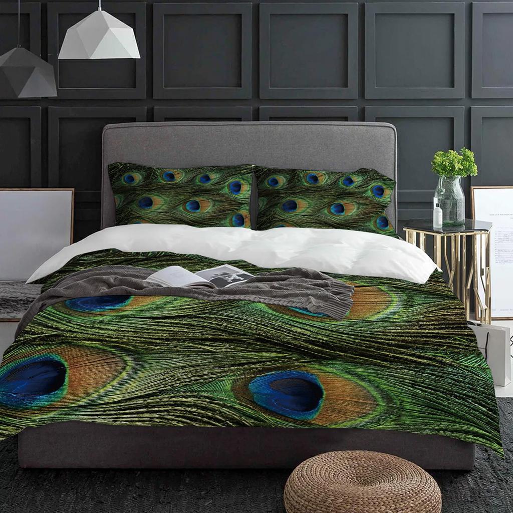Green Animal Peacock Feather Duvet Cover With Pillow Case Custom 3pcs Bedding Set Quilt Cover Double Bed Home Textile