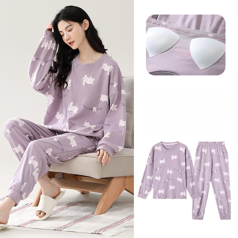 Conjunto de Pijama de primavera otoño con almohadilla en el pecho para Mujer talla grande 4XL 5XL estampado de dibujos animados Tops y pantalones de manga larga Ropa de dormir femenina Pijamas casuales Ropa para el hogar