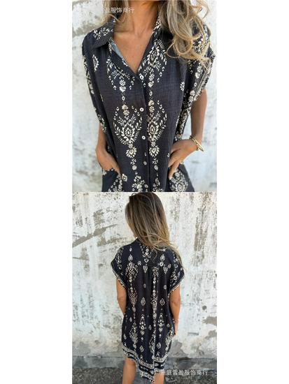 European & American Summer Casual Short-Sleeved Cotton Linen Shirt Dress with Pocket Print for Women