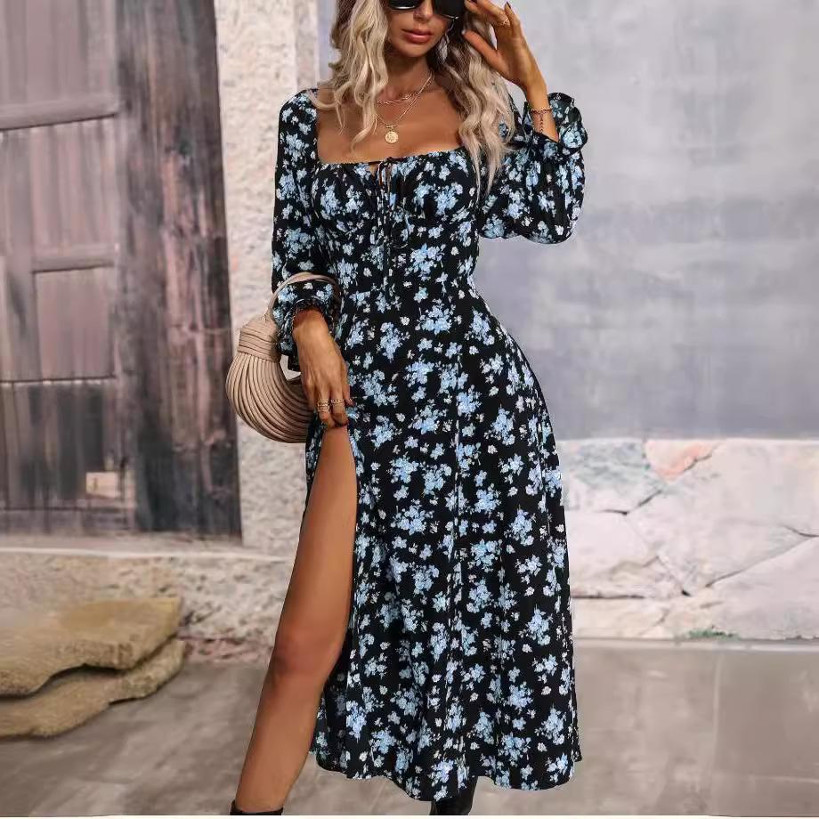 Dress spring and summer new women s clothing hot sale printed long-sleeved skirt European and American foreign trade skirt S золотой