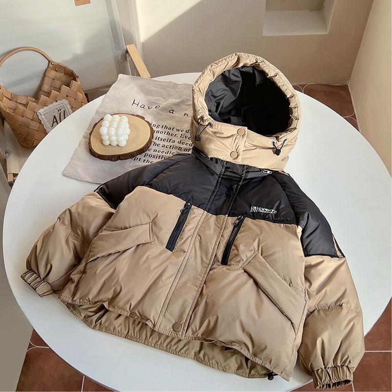 

Детские пуховики на зиму, утолщенные пуховики с капюшоном в трехцветной расцветке для девочек и короткие куртки для мальчиков 120cm верблюд