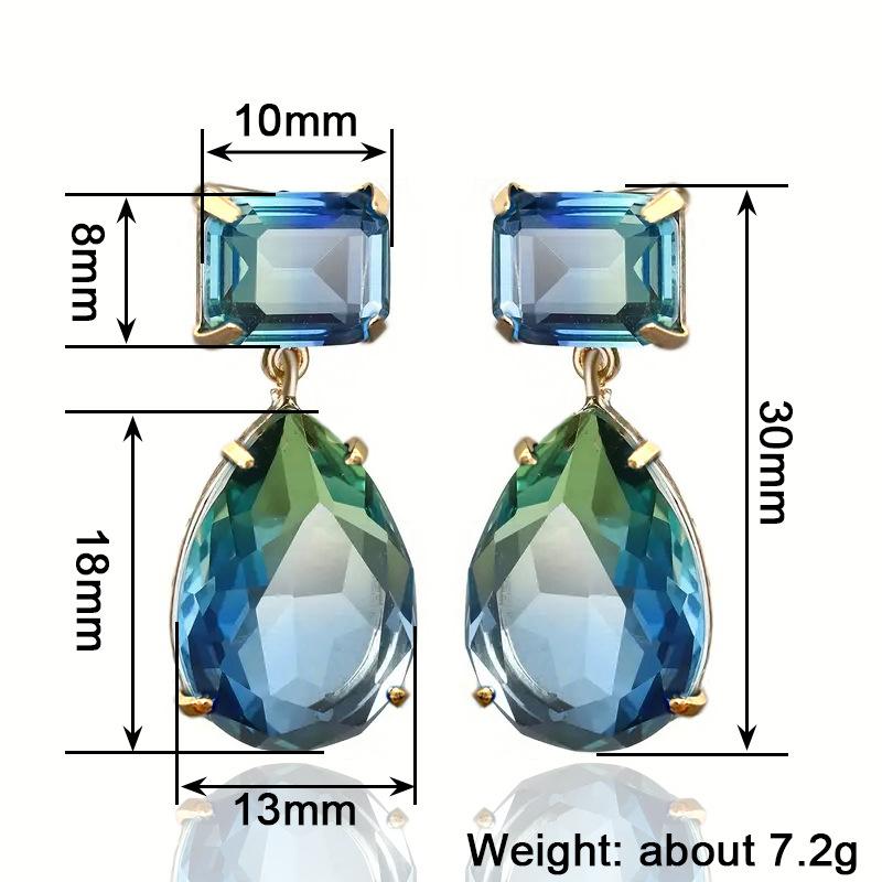 Two-Tier Square Emerald Cut & Water Drop Bi-Color Tourmaline Simulant Crystal Gold Dangle Earrings Banquet Accessories