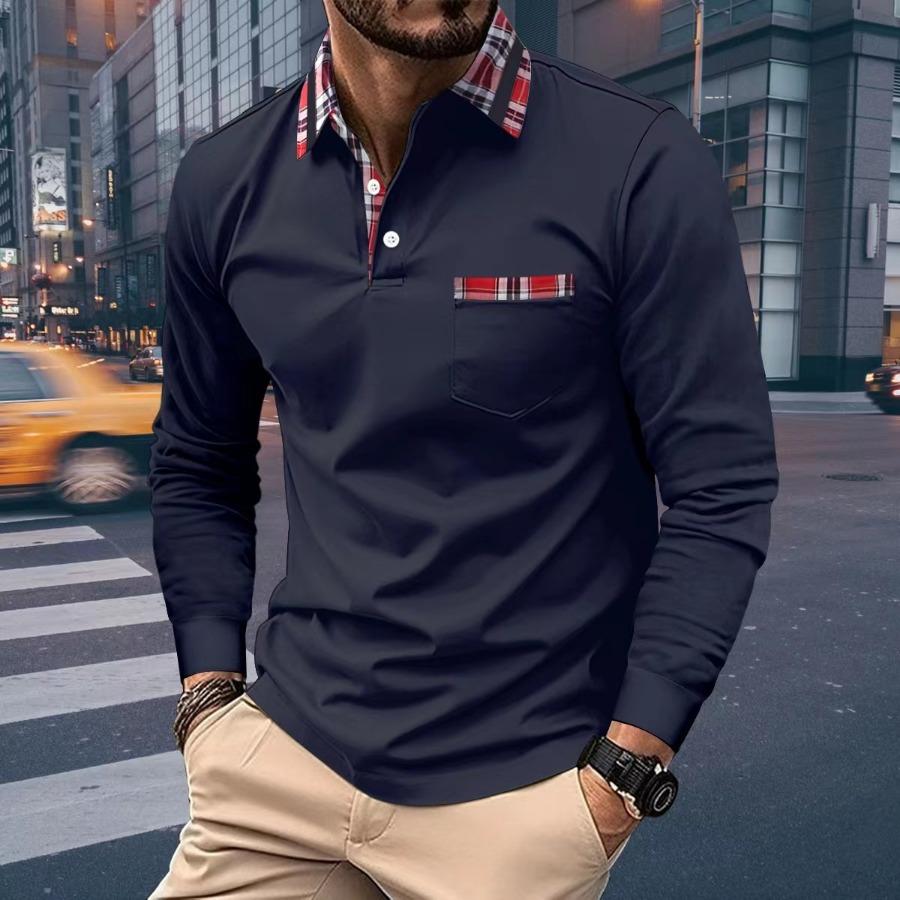 Long Sleeve Lapel Polos Shirts Check Patchwork Tops Men's Casual Spring Autumn Sports Polo Shirt