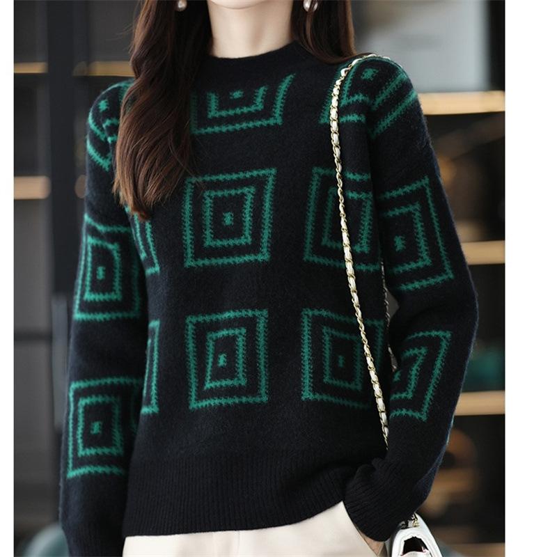 

WTEMPO Women s Black Checkered Sweater Autumn and Winter Thick Round Neck Top Loose Knit Sweater 3XL зелёный