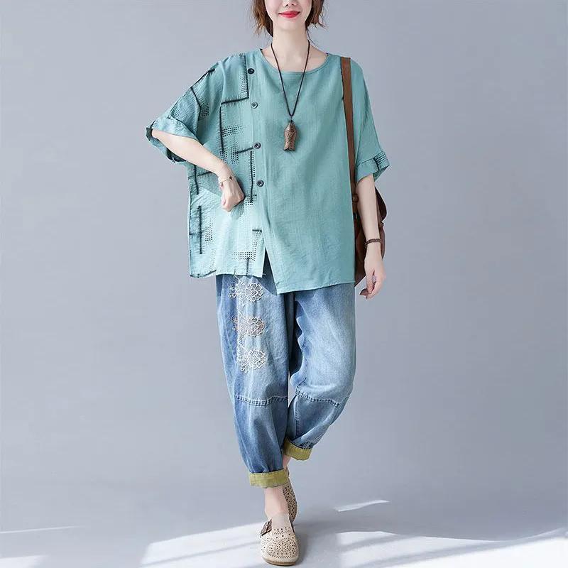 Women's Summer Design Personalized Loose Top Artistic Short Sleeved Round Neck Asymmetrical T-shirt
