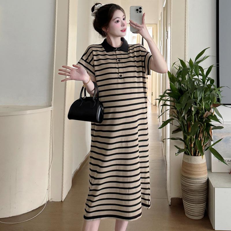 2026 Korean Striped Casual Maternity Polo Dress