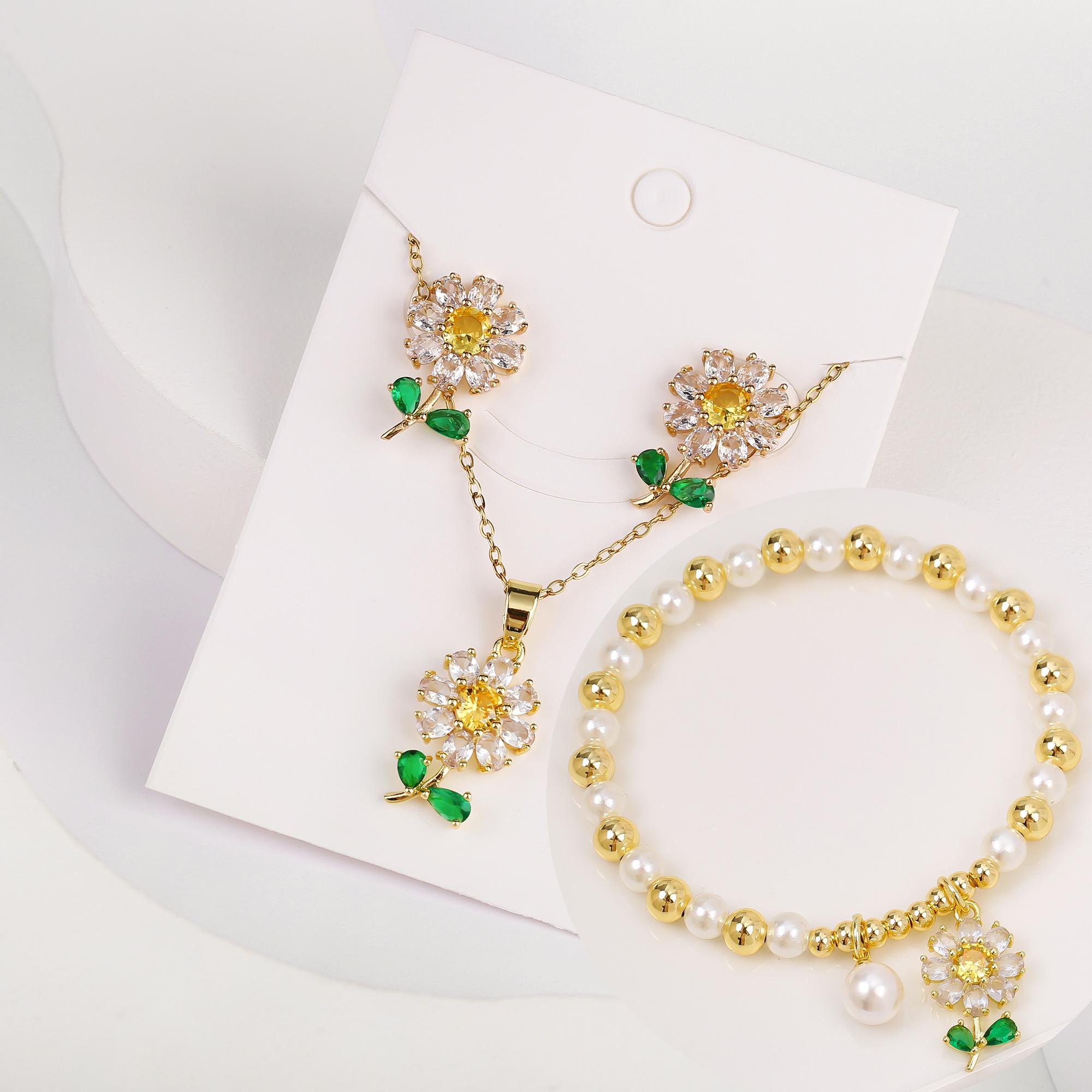 

3pcs Lucky Plant Sunflower Rose Flower Necklace Zircon Set Bracelet Earrings Charming for Women Girls Party Birthday Zircon