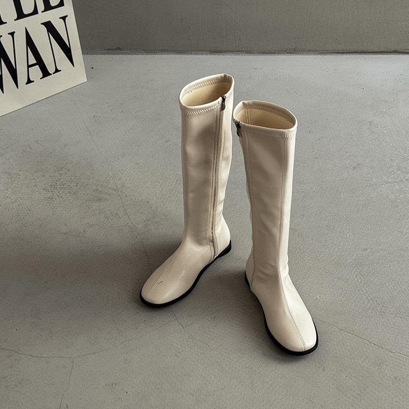 Vintage Elastische Schlankmachende Damen Kniehohe Stiefel Damen Outdoor Weiches Leder Flats Ritter Lange Stiefeletten