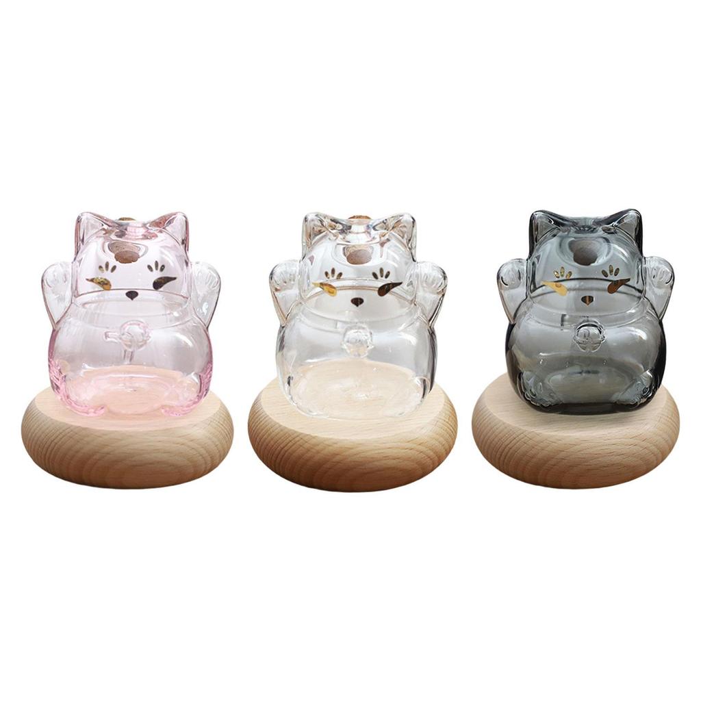Glass Piggy Bank with Wooden Base Kitten Shaped Money Bank Money Saving Jar for