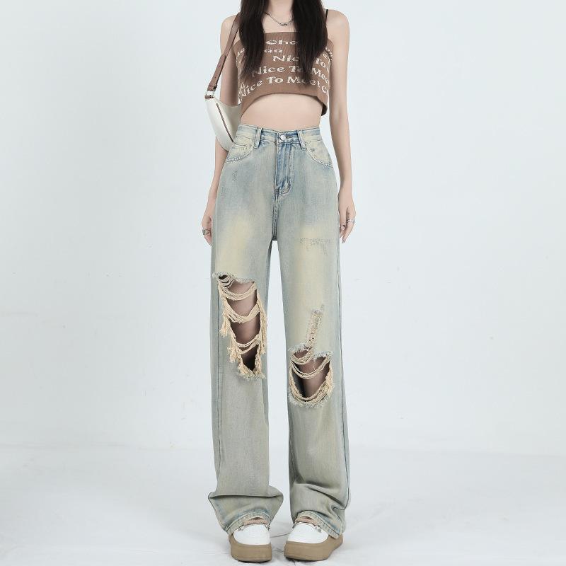 

Женские джинсы светлого цвета с высокой посадкой и широкими штанинами с рваными деталями - Лето 2024 3XL (145-160 jin)