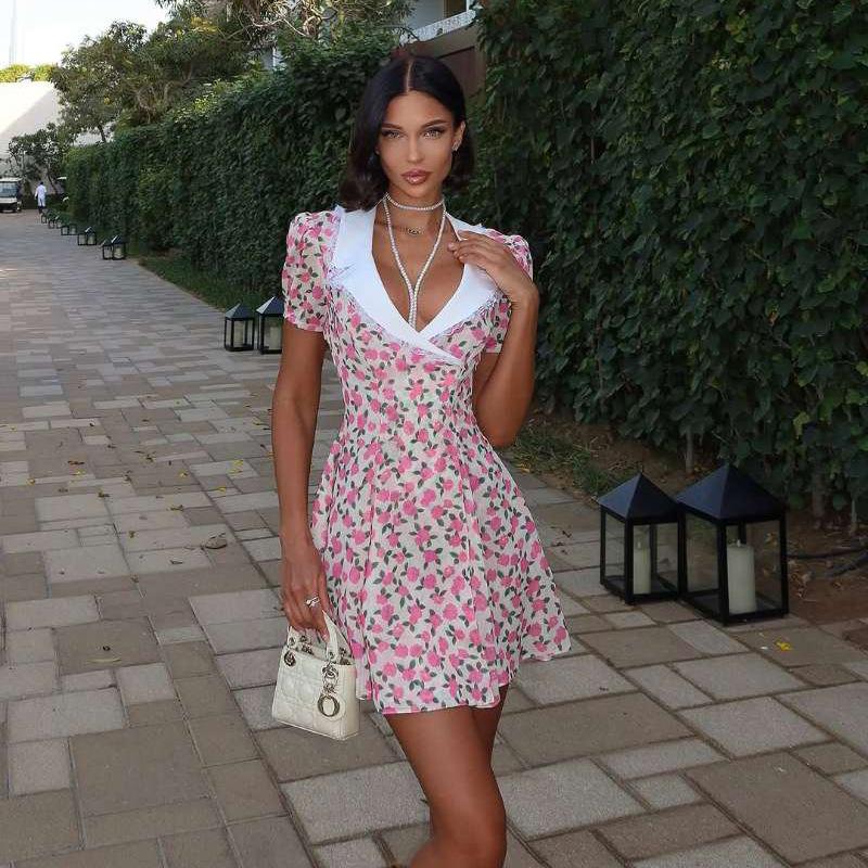 

Платье с лацканами и пышными рукавами Женское платье с лацканами, сексуальное, облегающее, мини, во французском стиле, элегантное, контрастного цвета, для вечеринки, женская мода M розовый