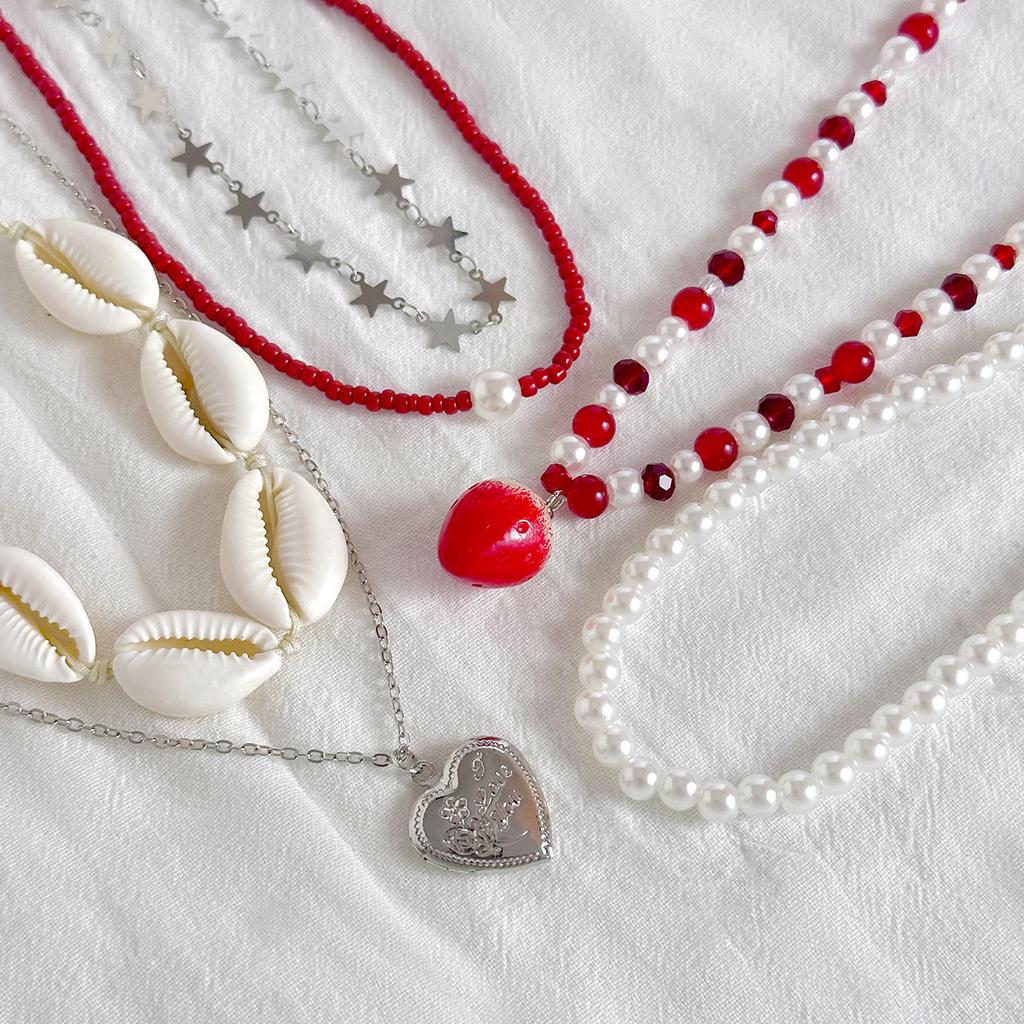 Multi-layered Sweet Strawberry Pendant Necklace Y2K Clavicle Chain Imitation Pearl Beaded Shell Necklace Heart Wed Accessories