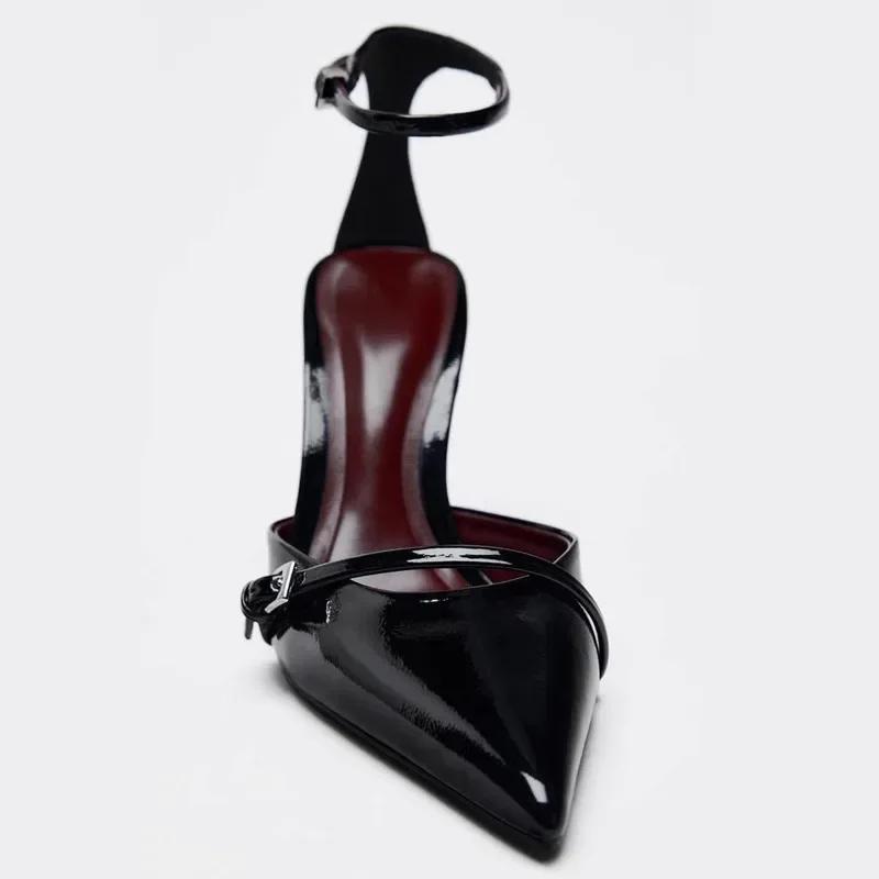 Fashion Sexy Ankle Strap Thin High Heels Women Summer Patent Leather Luxury Banquet Wedding Shoe Elegant Pointed Toe High Heeled Sandals