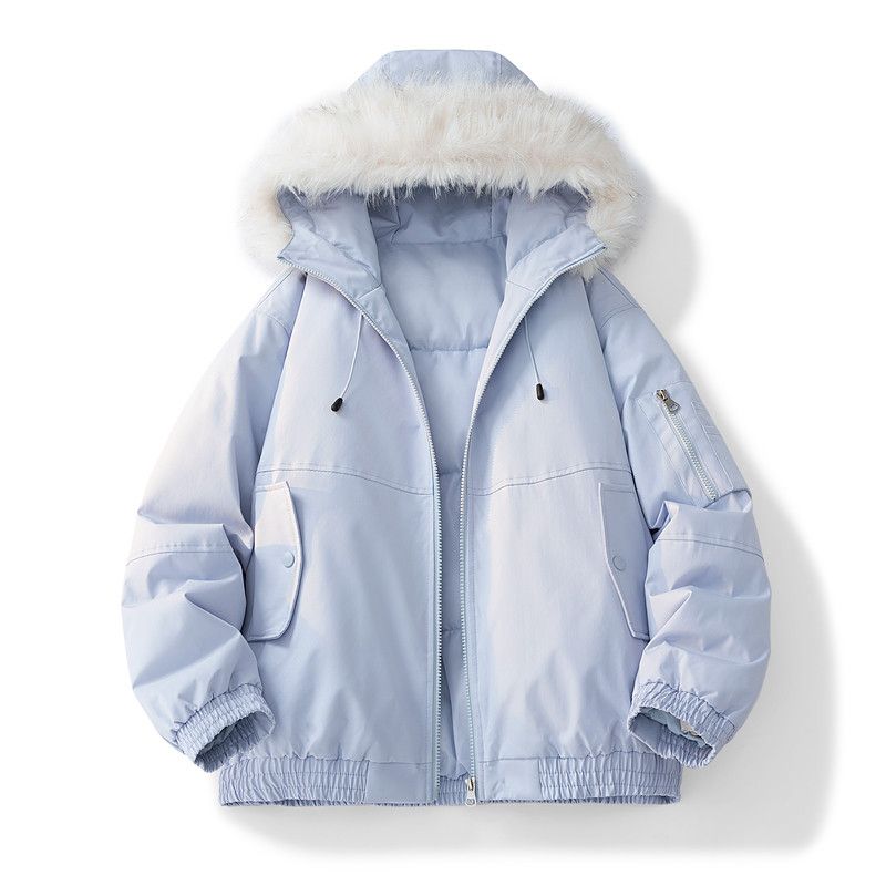 

Medm Beprp Hooded Fur Collar down Cotton Jacket for Men and Women, Couple s Coat, Workwear Parka, Warm Thick Jacket 2525 Light Blue 2XL