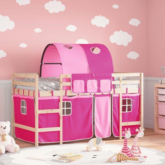 VidaXL Lit Mezzanine Enfants avec Tunnel, Lit Surélevé pour Enfants avec Échelle, Meuble de Rangement Chambre, Moderne, Rose 3206993