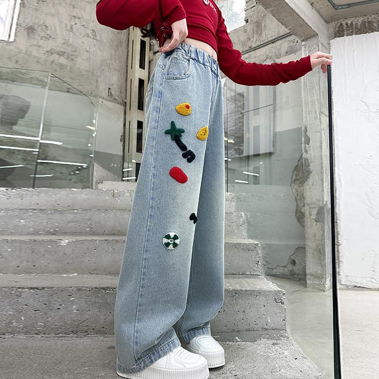 Dívčí džínové jarní a podzimní kovbojské kalhoty s širokými nohavicemi dětské dívčí podzimní kalhoty volné kalhoty