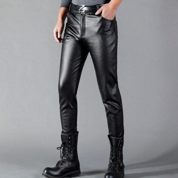 Men's Stretch Leather Pants Slim Fit Trend Tight Casual Trousers for Men PU Leather Trousers Motorcycle Pants