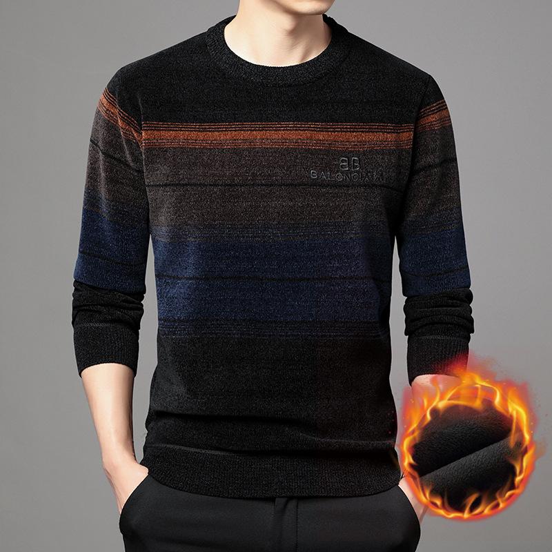 Men s Winter Chenille Round Neck Sweater with Velvet Lining 4XL