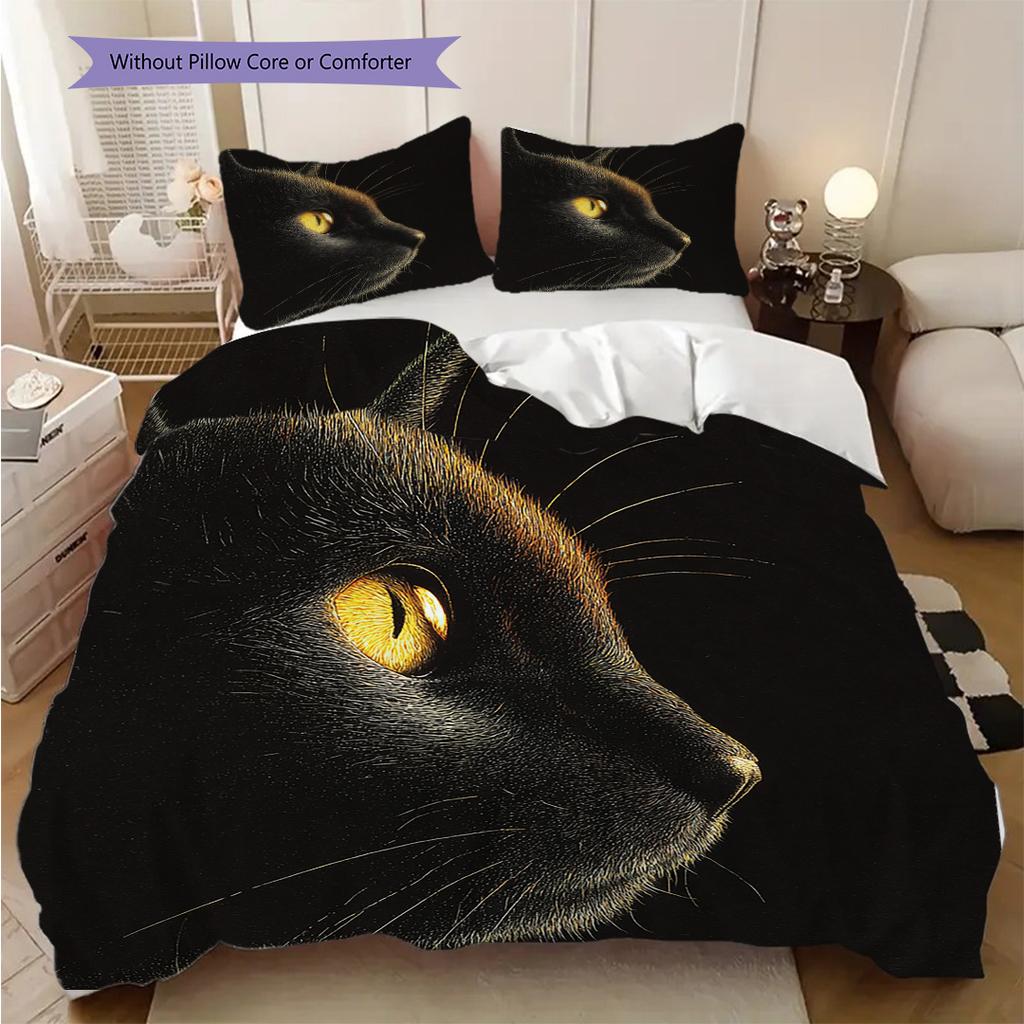Black Cat Pattern Bedding Quilt Set Quilt Cover Pillowcase Home Decoration Birthday Gift (1 * Duvet Cover + 2 * Pillowcase, Without Core)