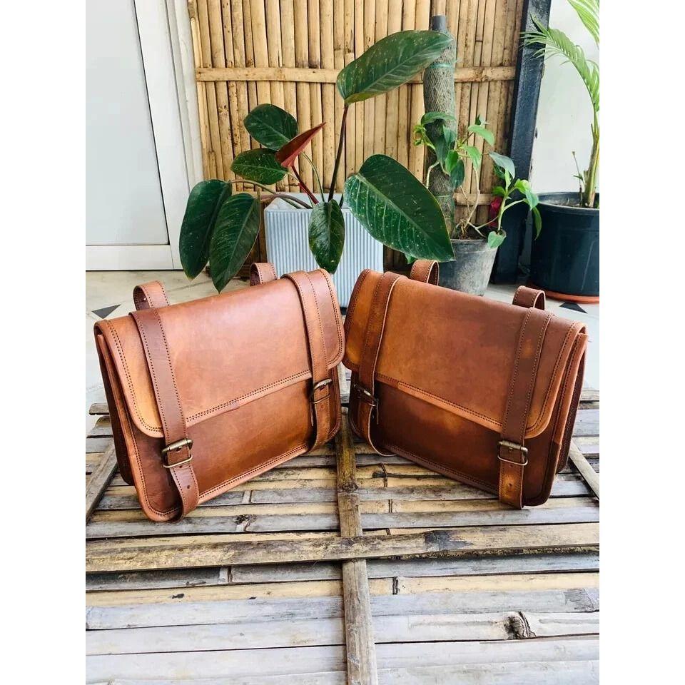 Goat Leather Motorcycle Saddle Bags Saddlebag Bike Bag  (2 Duffel Bag Free Size - Small - 16 X 10 X 11 In / Big - 20 X 10 X 11 In)