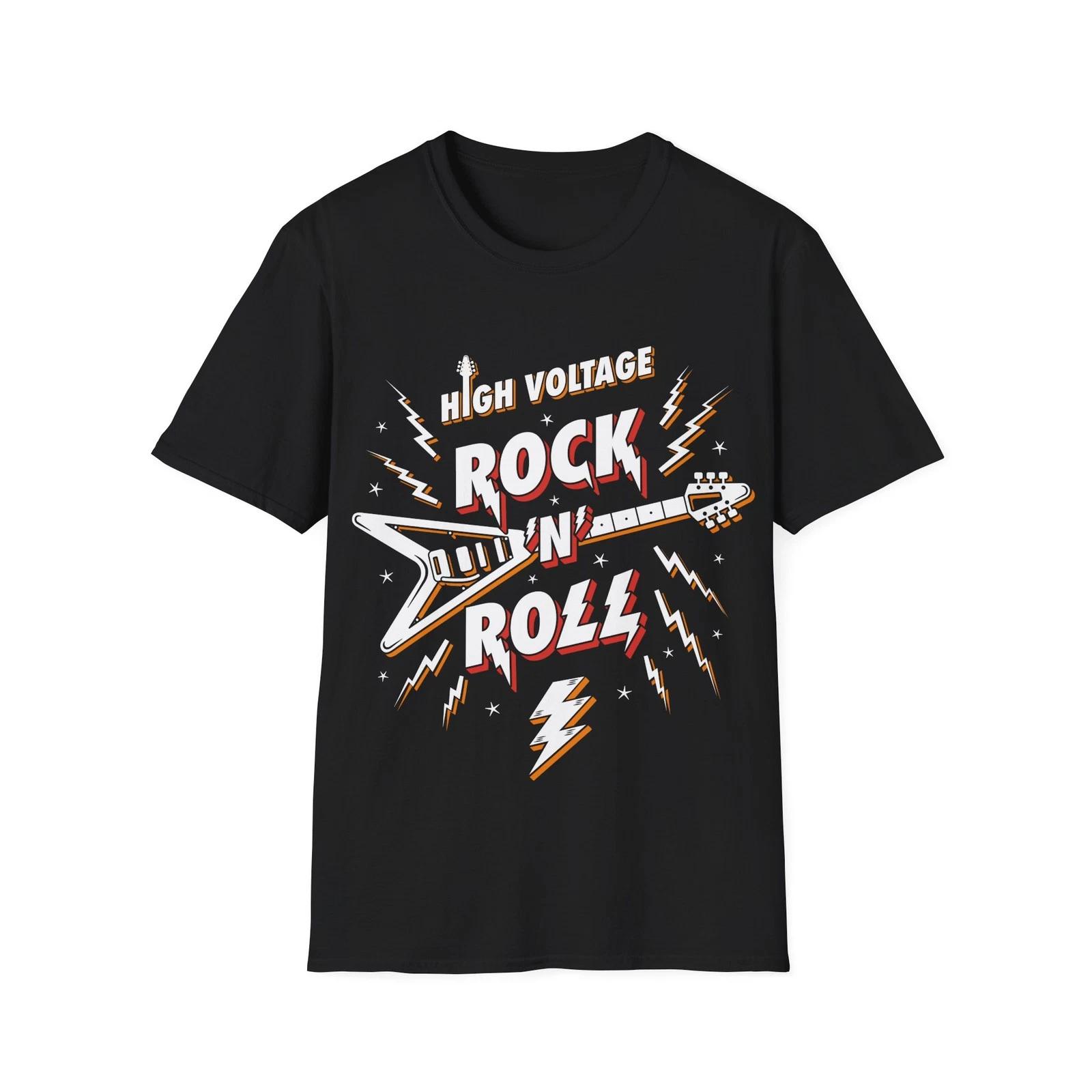 High Voltage Rock N Roll T-Shirt, Hard Rock Guitar Tee, Regular Fit Top 2XL