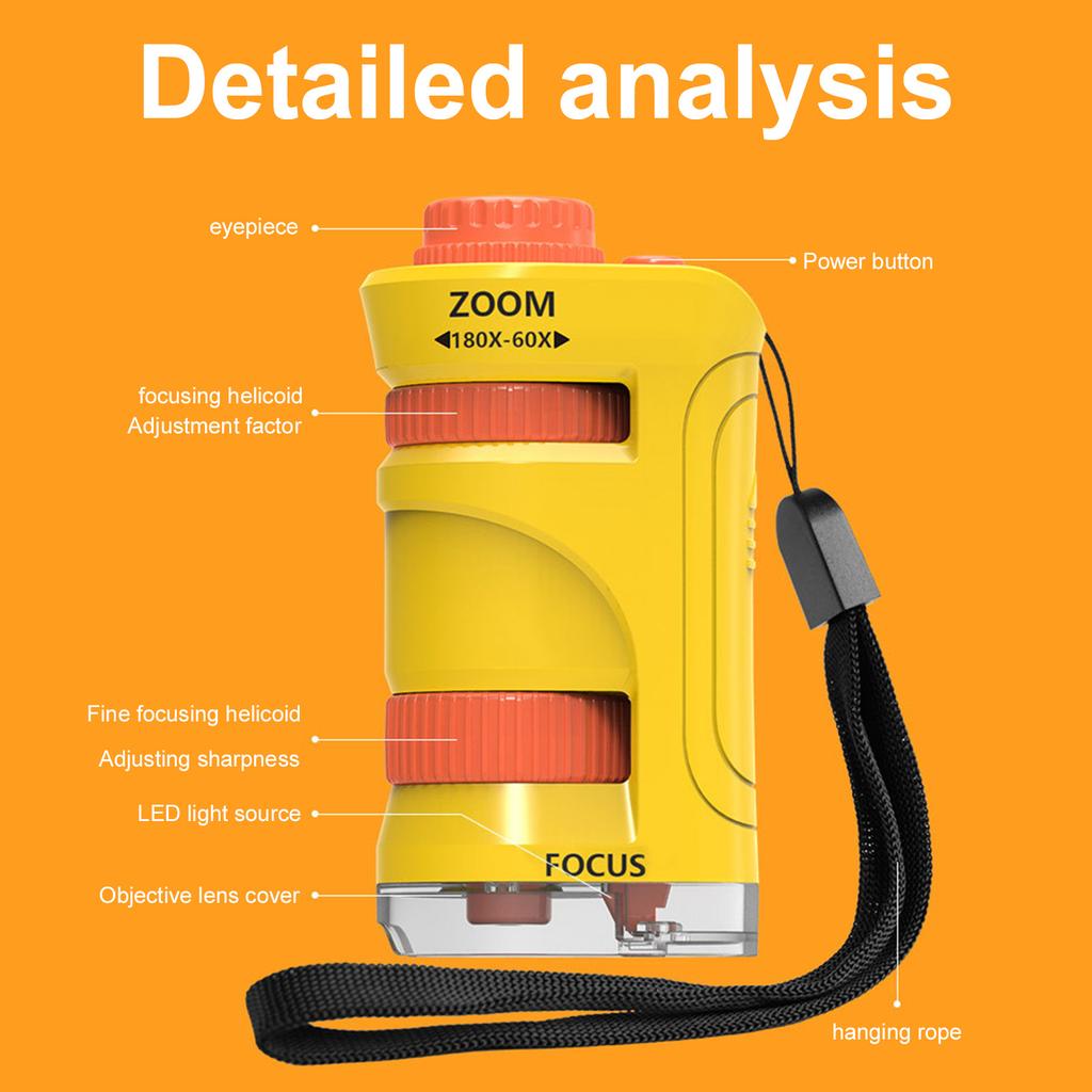 60X-180X LED Pocket Microscope Built-in LED Light with 60x-180x Magnification for Children Students Adults Laboratory School