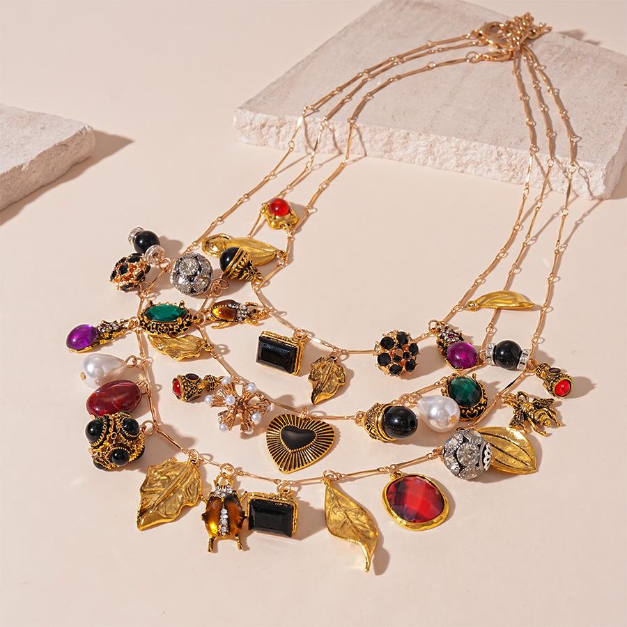 Retro Inlaid Diamond Heart & Insect Geometric Necklace for Women - Exaggerated Multi-Element Design