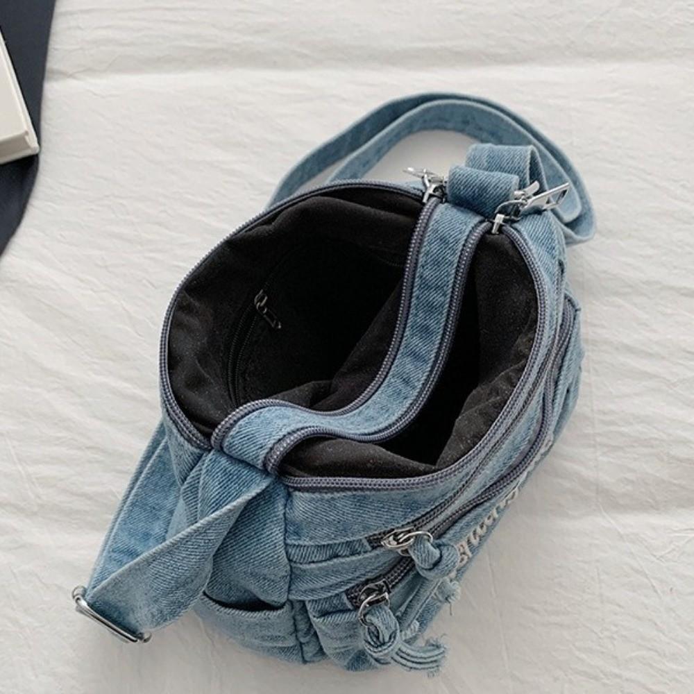 Washed Denim Crossbody Bag Adjustable Strap Messenger Bag Cat Embroidery Shoulder Bag Ladies