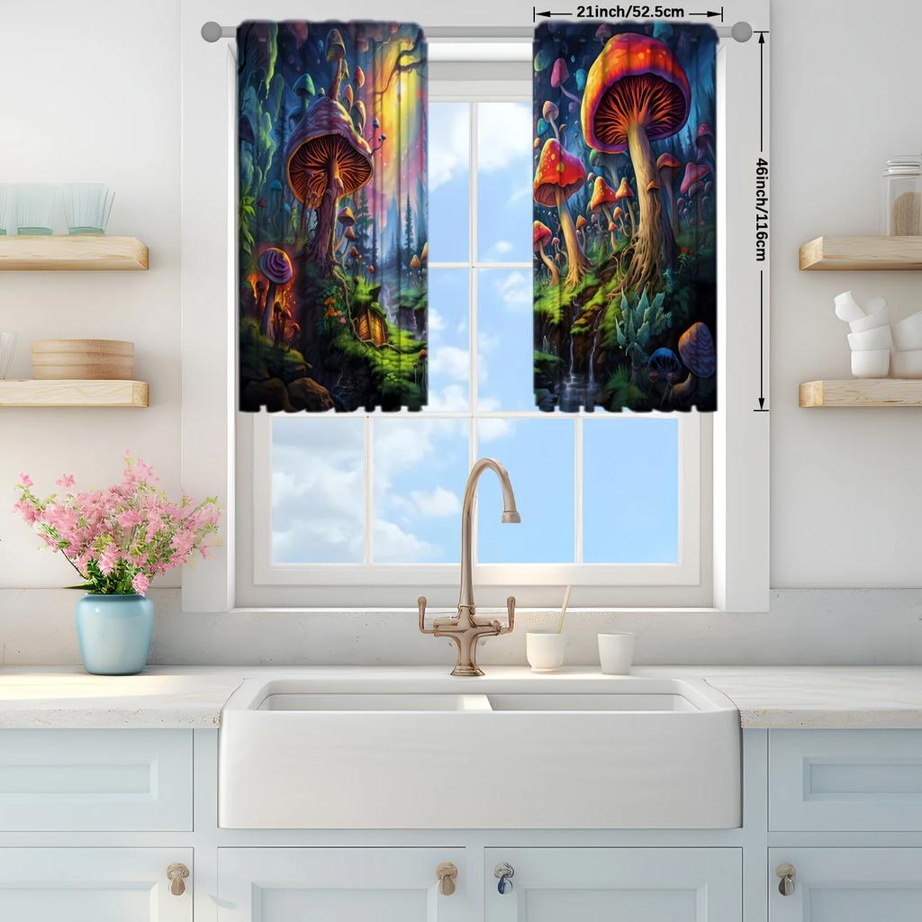2pcs Magic Mushroom Printed Curtain for Home Decor - Rod Pocket Window Treatment for Bedroom, Office, Kitchen and Living Room