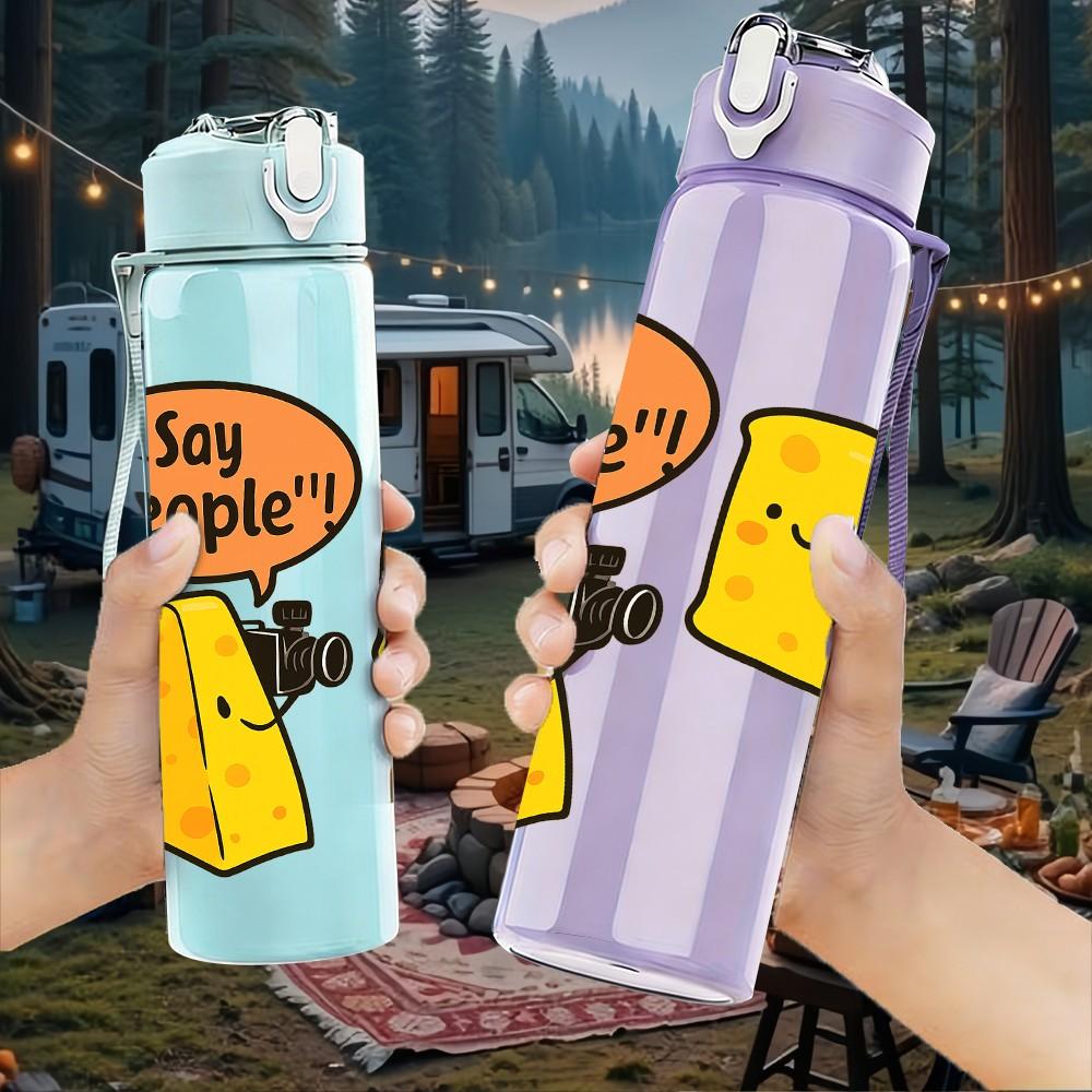 1PC Say Hi Cheese Block Cartoon 750ml Color Plastic Sports Water Bottle Leakproof Flip Straw Lid Suitable for Sports Office Home Use