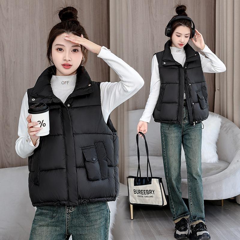 Stand-up Collar Down Cotton Vest Women's Drawstring Autumn and Winter New Loose Thickened Sleeveless Vest Jacket
