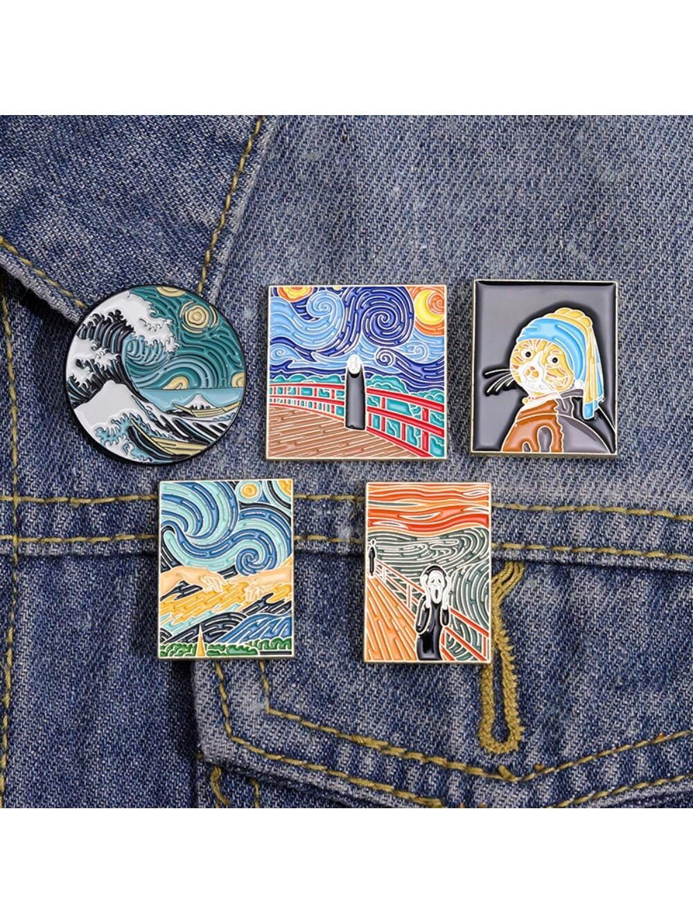 

5 детских брошей с геометрическим дизайном в виде забавного кота со звездным небом, повседневная одежда, сумки, аксессуары, значки