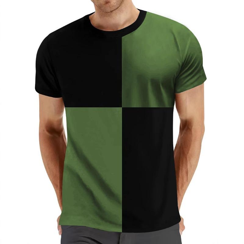 Round Neck Color Blocked Chessboard Casual Sports Men's T-shirt