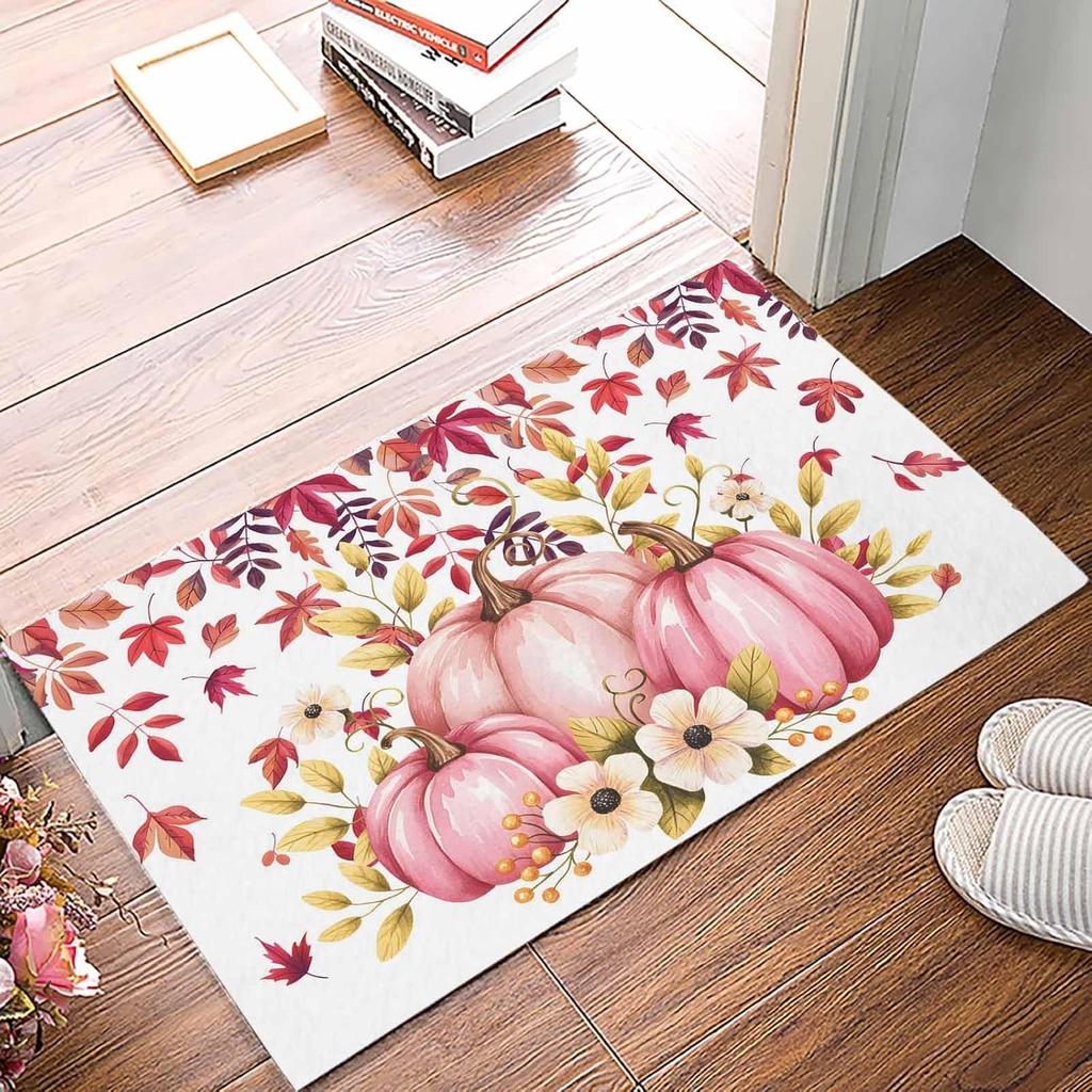 Fall Pink Pumpkins Flowers Leaves Welcome Doormats Decor Kitchen Corridor Balcony Rugs Bedroom Beside Foot Mat Non-Slip Floormat